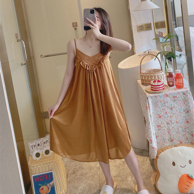 Hàng sẵn có Váy ngủ bằng lụa băng mùa hè Bộ đồ ngủ nữ Ice Silk Extra Loose Loungewear Thin Female