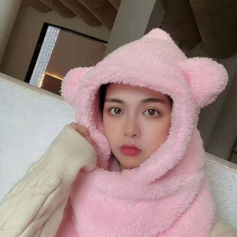 Mũ lông cừu tai gấu kèm khăn quàng cổ và găng tay ấm áp ulzzang Hàn quốc