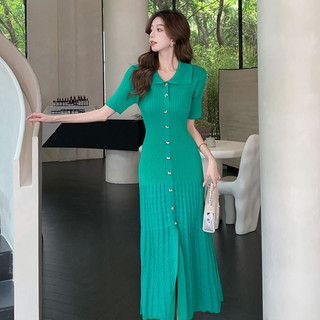 Váy giảm béo khí chất thanh lịch dệt kim xanh cổ điển dành cho nữ eo rỗng mùa hè
