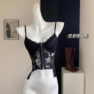 Châu Âu và Mỹ xương cá retro ren chắp vá áo vest yếm không đều vừa vặn, ngắn cay cô gái gợi cảm hàng đầu