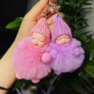 FASHIONEXPRESS Pompom Sleeping Baby Móc khóa, Mũ dệt kim màu trơn khi ngủ cho bé Móc chìa khóa, Búp bê sang trọng dễ thương Giấc ngủ mềm mại cho bé Pompom Móc khóa Quà tặng cho bé gái