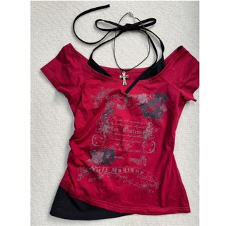 Ngoại Thương Mỹ Retro Vintage Giả Hai Mảnh quây Áo Thun Ngắn Tay Nữ Dây Cổ Thời Trung Cổ Slim-Fit Ngắn Top
