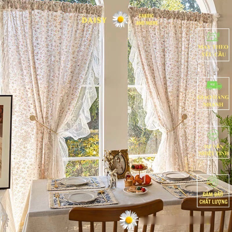 Rèm cửa sổ nhún bèo vải 2 lớp hoa hồng vintage phối ren rèm vải hoa ...