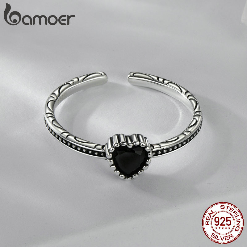 Bamoer 925 Sterling Sliver Nhẫn Có Thể Điều Chỉnh Trái Tim Đen Trang Sức Thời Trang Quà Tặng Cho Nữ
