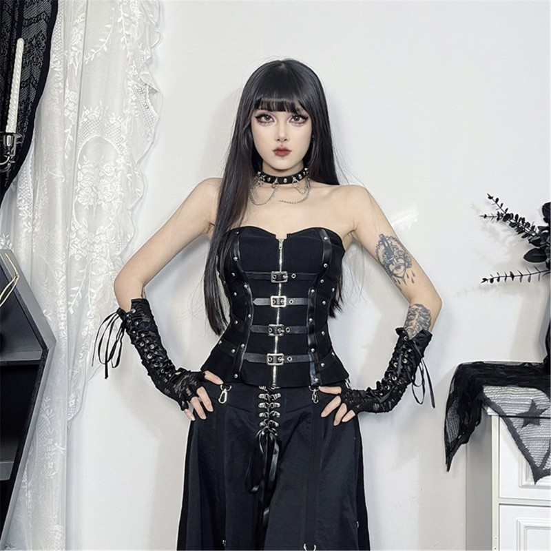 Fl Fish Bone Strapless Tube Top có khóa kéo bằng da Corset Vest dành cho nữ