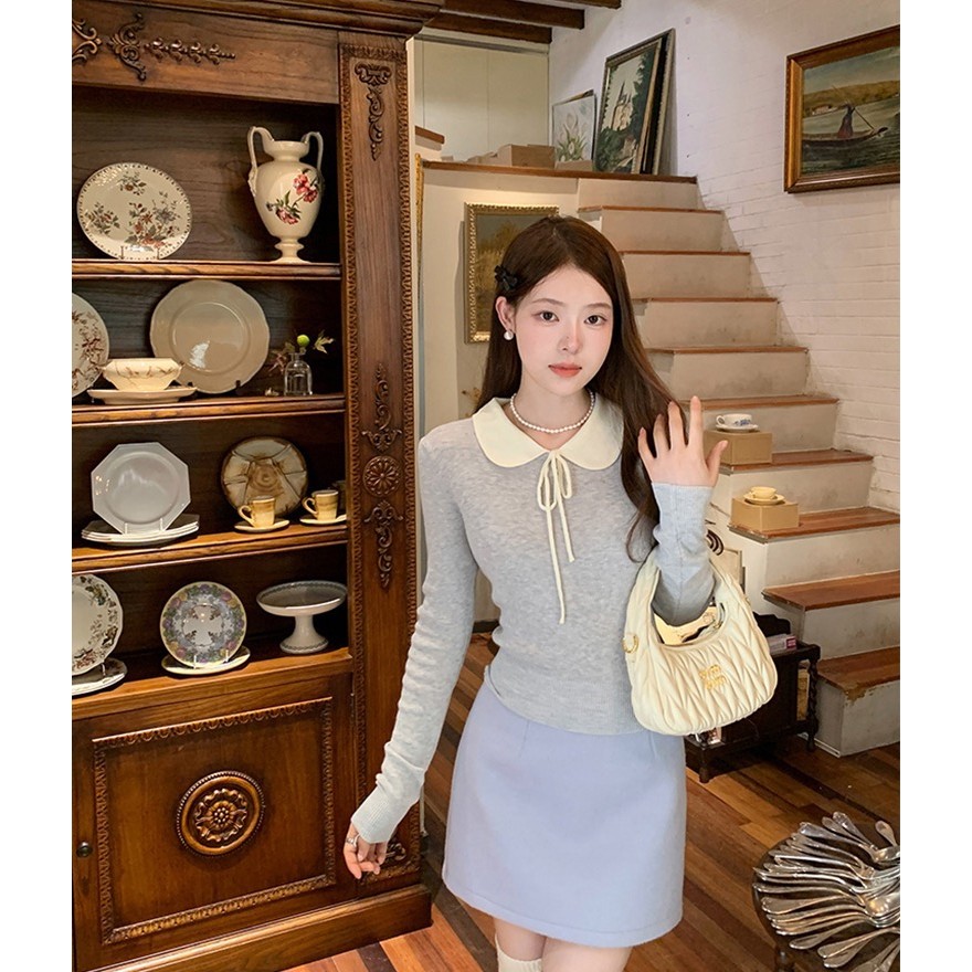 Suxi Pháp Retro Thu Đông Mới Cổ Búp Bê Dài Tay Dệt Kim Áo Len Nữ Ngắn 240830