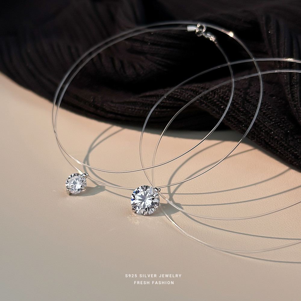 Bản đầy đủ: Vòng cổ dây trong suốt đính đá Zircon tròn, trang sức cổ nữ đồng mạ điện phong cách tối giản làm quà tặng