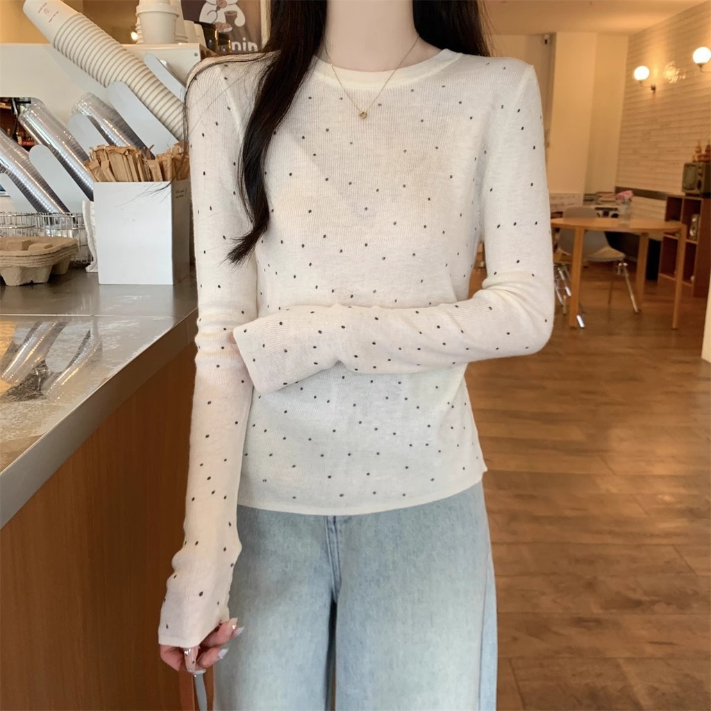 Áo mặc trong cổ tròn chấm bi cổ điển Milyfashion áo dài tay vai hot girl tôn dáng mặc trong thu đông cho nữ
