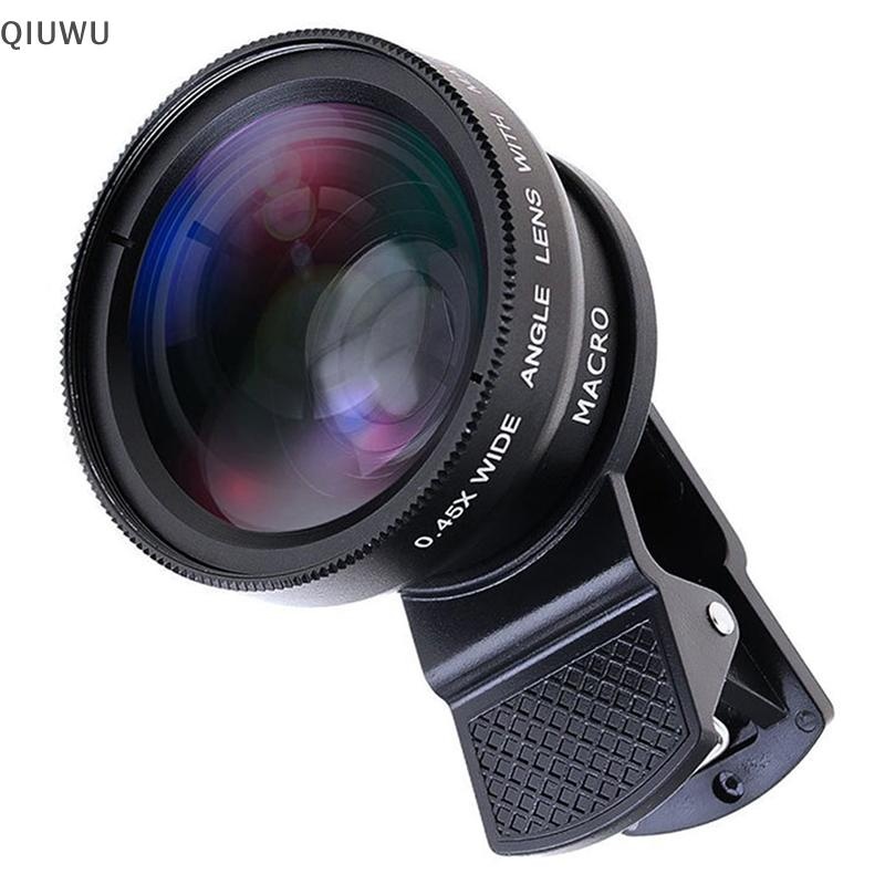 Qiuwu 2in1 Ống kính điện thoại mắt cá Zoom góc rộng 0,45X Ống kính Macro mắt cá Bộ dụng cụ máy ảnh có ống kính kẹp trên điện thoại cho điện thoại thông minh.