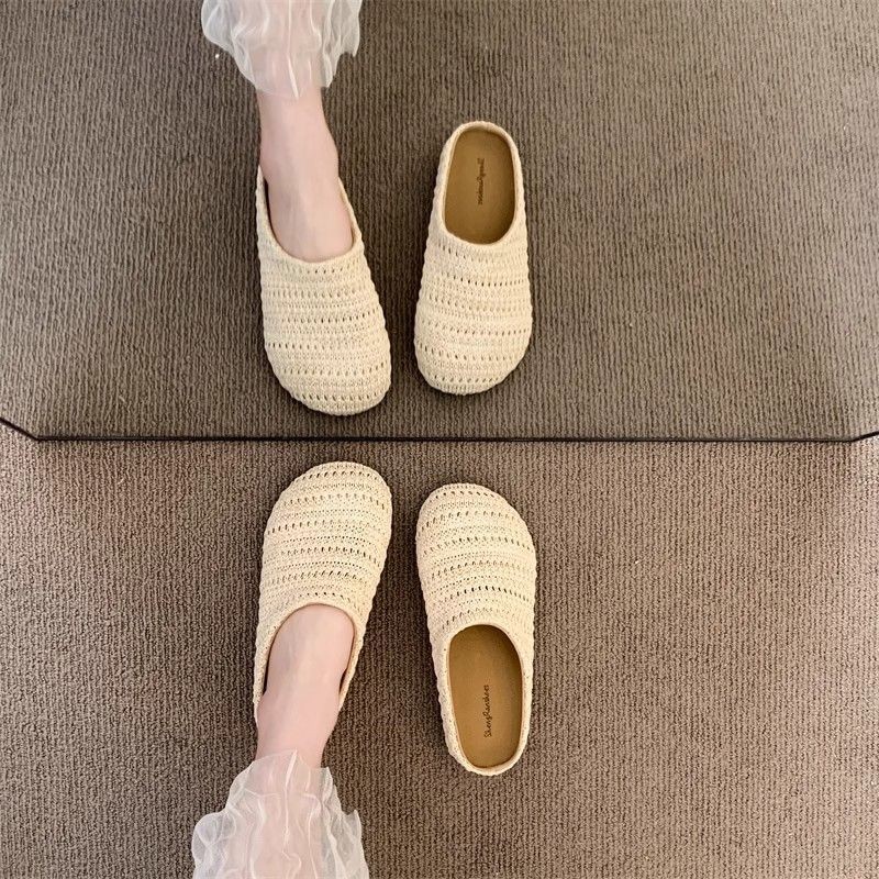 Niche Lưới Rỗng Thoáng Khí Closed-Toe Nửa Dép Cho Nữ Ngoài Trời La Mã Đế Dày