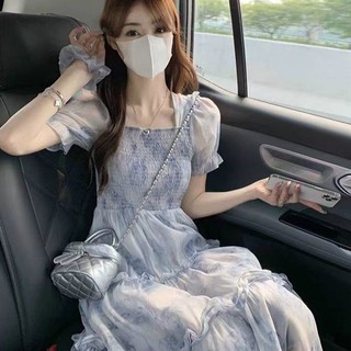 [Váy hoa kỳ nghỉ hè] Đầm cỡ lớn Váy hoa màu xanh cho nữ Váy ngắn tay cổ vuông Váy trà phong cách mùa hè 2025 Váy dài rộng hẹp kiểu Pháp cổ tích Phong cách rừng siêu cổ tích Quần áo nữ cỡ lớn