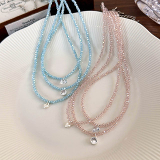 Vòng cổ ngắn nữ pha lê và zircon màu xanh hồng, phong cách Hàn Quốc đơn giản dễ thương, phù hợp cho mùa hè