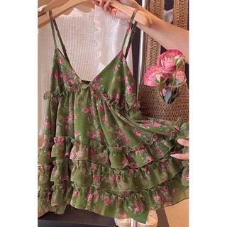 Camisole cổ chữ V xanh rời họa tiết bánh xù ngọt ngào, phong cách ngày lễ cho áo vest nữ mùa hè ôm body siêu đẹp