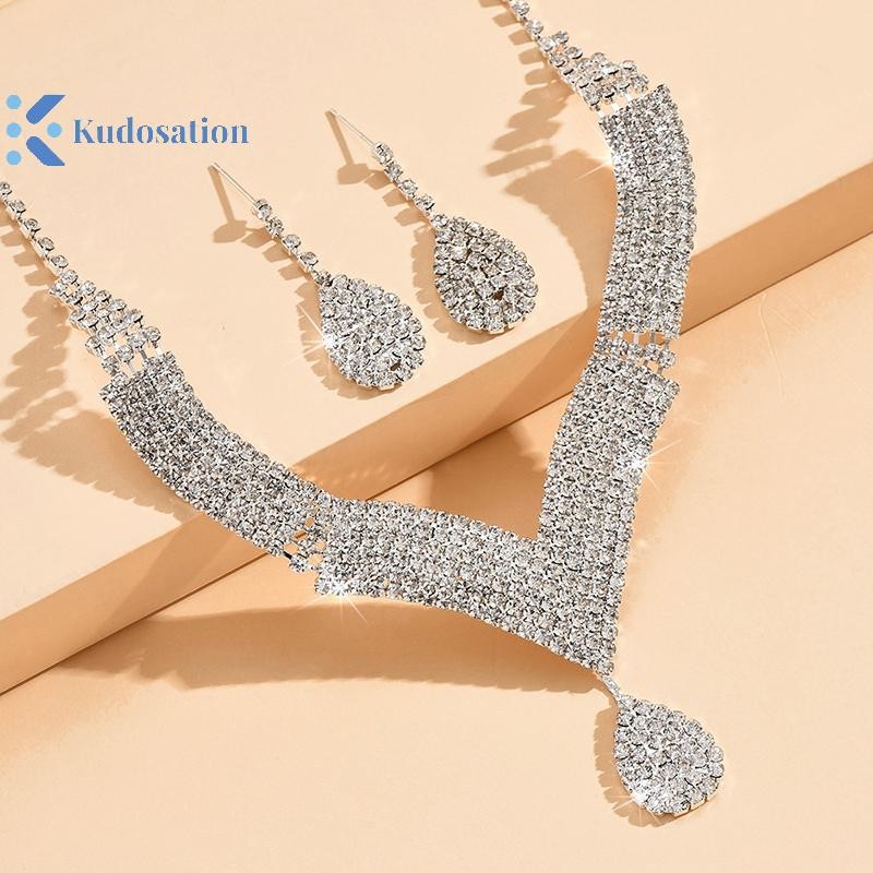 Kudosation 2 Chiếc Thời Trang Kim Cương Giả Dây Chuyền Bông Tai Bộ Trang Sức Nữ Cưới Phụ Kiện Quà Tặng