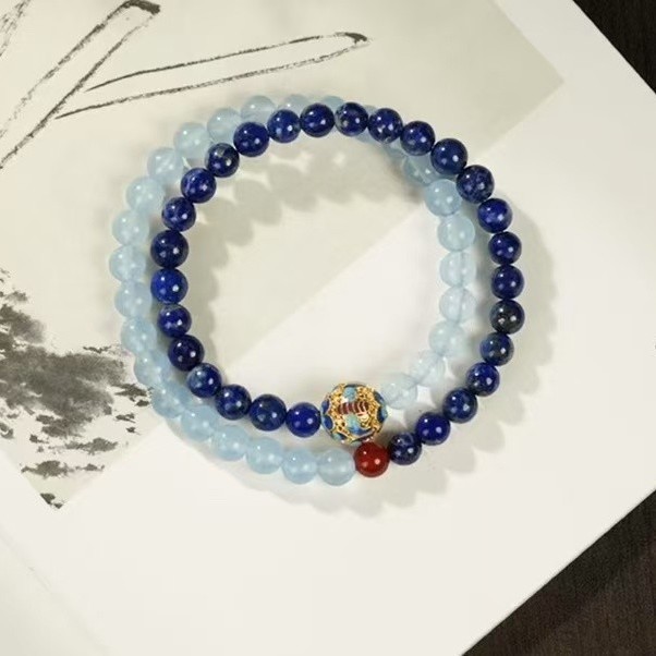 Vòng tay đôi lapis lazuli aquamarine xanh tự nhiên có cảm giác cao cấp