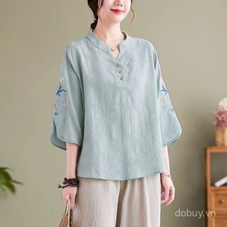 Mới! Áo sơ mi lanh phong cách Trung Hoa, vải cotton mát mẻ, phù hợp mùa hè