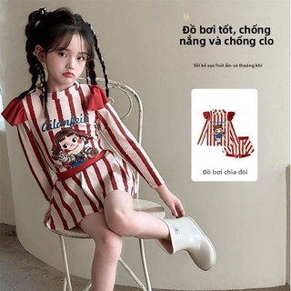 Đồ bơi cho bé gái tay dài sọc đỏ trắng - Bộ đồ bơi 3 món dễ thương chống nắng đi biển