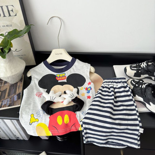 Mùa Hè Bé Trai Dễ Thương Bộ Áo Vest Trẻ Em Hoạt Hình Ba Chiều Búp Bê Top Bé Gái Sọc Quần Short Hai Mảnh Bộ