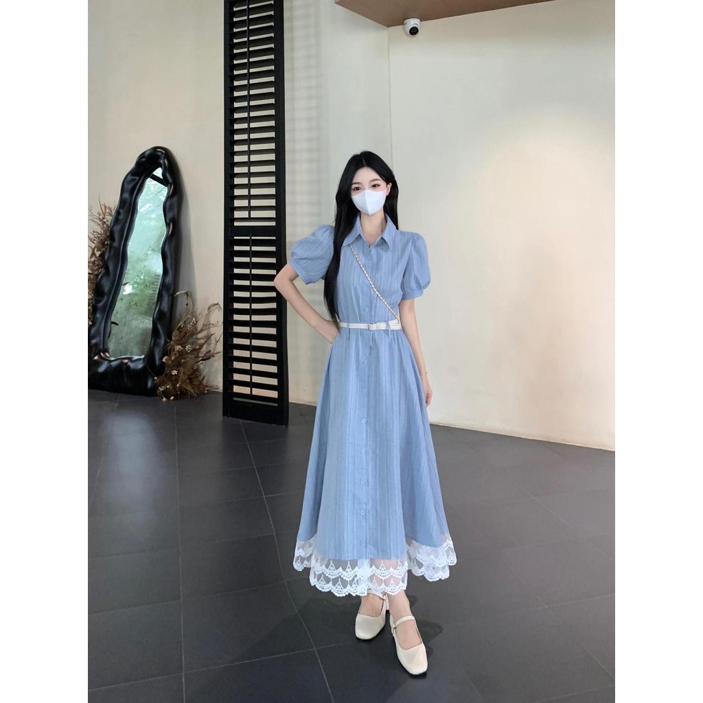 [YU]Đầm ngắn tay cổ polo phong cách Pháp, viền ren duyên dáng, ôm eo, dáng váy thanh lịch.