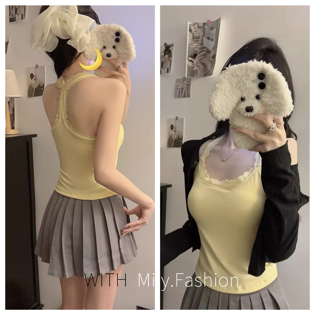 Áo vest camisole T-back viền ren Milyfashion cho phụ nữ với đệm ngực, thiết kế độc đáo, lưng đẹp, áo racerback cho phụ nữ