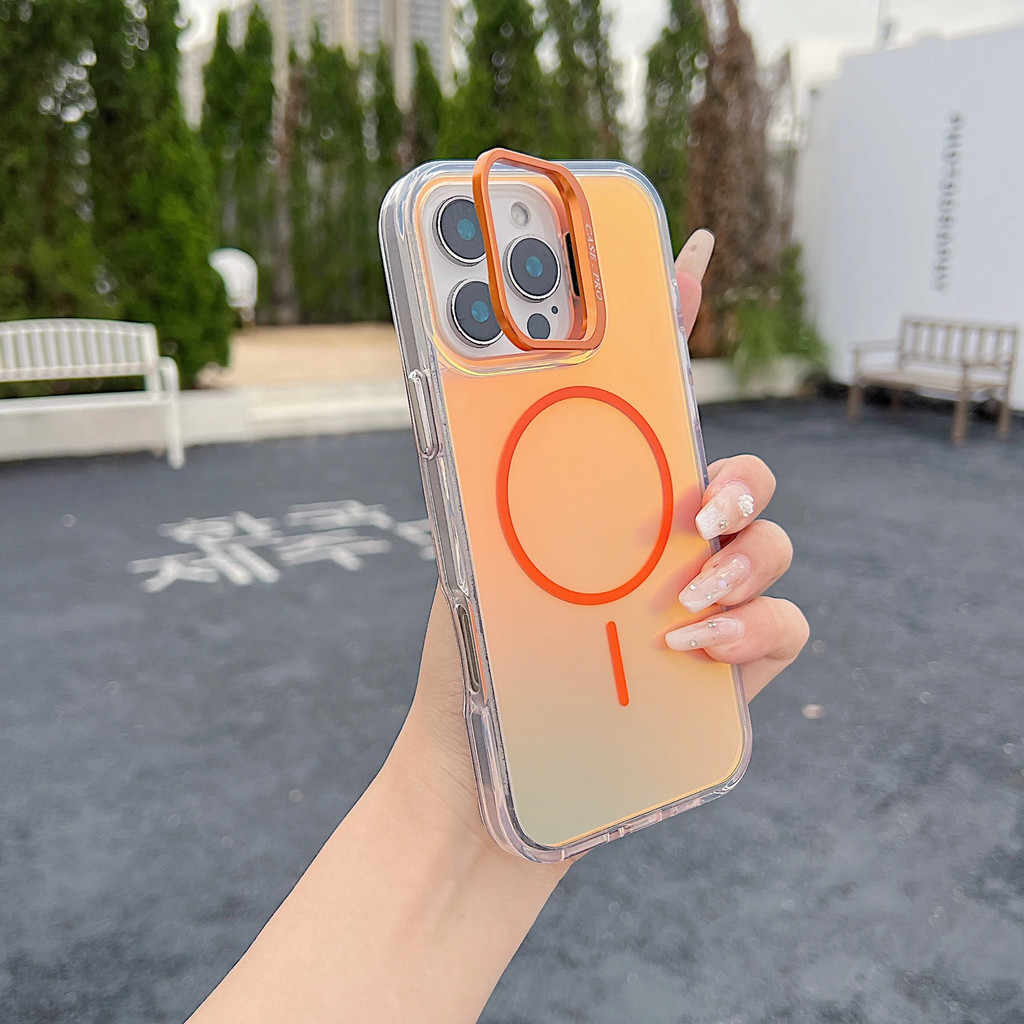 Giá đỡ kim loại Gradient Bảo vệ ống kính Vỏ từ tính chống sốc cho iPhone 17 Air 16 15 14 13 12 Pro Max Plus 16e Vỏ sạc không dây