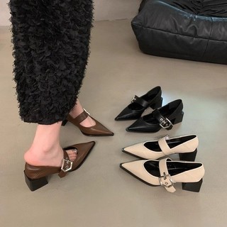 Loafers Phiên Bản Hàn Quốc Loafers Phong Cách Anh Quốc Retro Mũi Nhọn Mary Jane Giày Da Nhỏ Gót Dày Giày Nữ Mùa Xuân Thu Phong Cách Mới