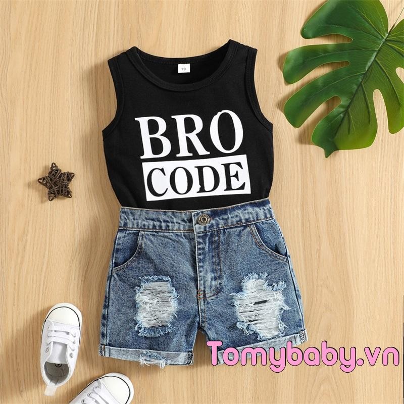 Bộ trang phục mùa hè cho bé trai cổ tròn không tay in chữ + Bộ quần short Denim rách