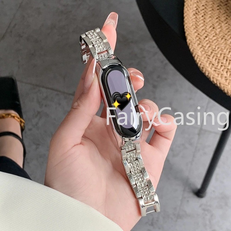 Dây đeo bằng thép không gỉ cho Xiaomi Mi Band 10 9 8 7 6 4 5 Cổ tay Vòng tay kim loại lấp lánh sang trọng cho Mi Band 6 4 3 5 Dây đeo kim cương