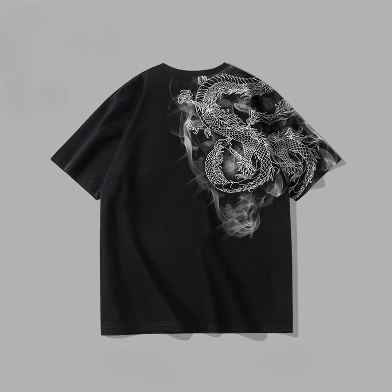Chinese Style Trendy Dragon T-shirt Men's Loose plus Size Casual Short-Sleeved Top Fashion All-Match T-shirt Breathable Quick-Drying