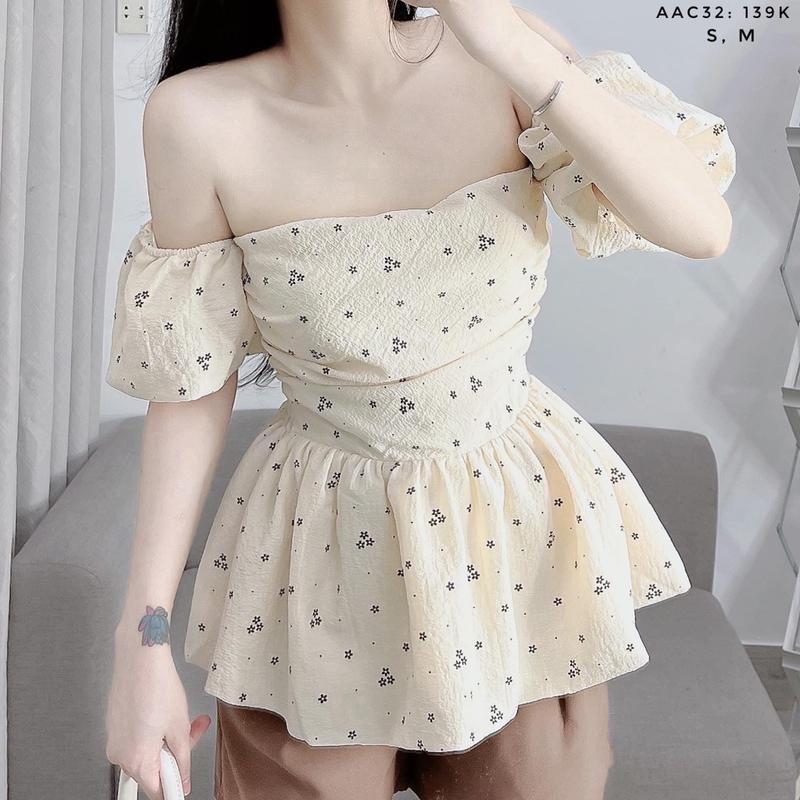 Áo trễ vai nữ tay bồng hoa nhí 1 lớp, áo bẹt vai ra phồng chun lưng tiểu thư