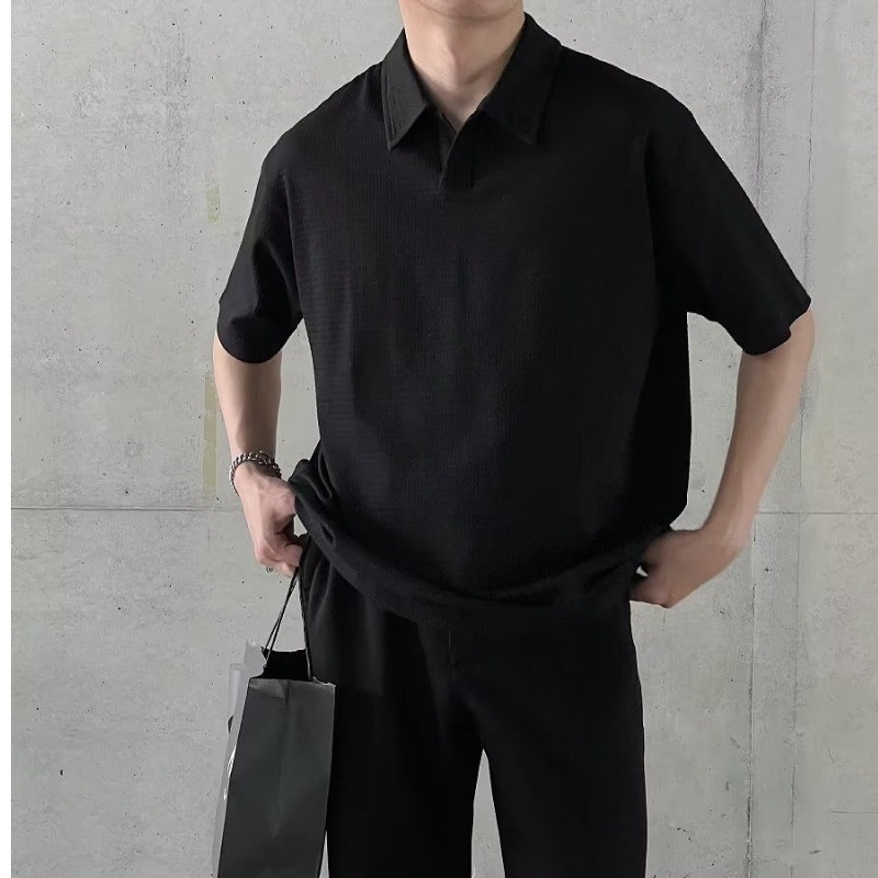 ThaliaWisp Áo polo nam mùa hè phong cách Hàn Quốc thời trang đơn giản bánh quế gió băng lụa dáng rộng cổ đứng áo thun ngắn tay