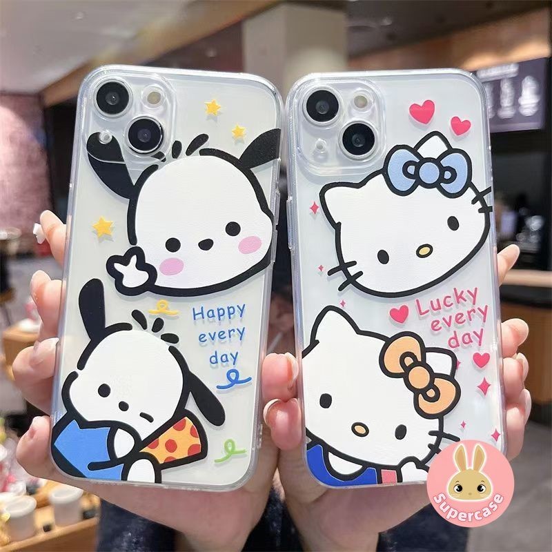 Dành Cho iPhone 16 15 Pro Max 14 Plus 13 12 Mini 11 Pro Max X XR XS Max 8 7 6 6s Plus SE2 SE3 Hai Vỏ Điện Thoại Pochacco Hoạt Hình Hai Vỏ Mềm Trong Suốt Hello Kitty Đầu To Dễ Thương