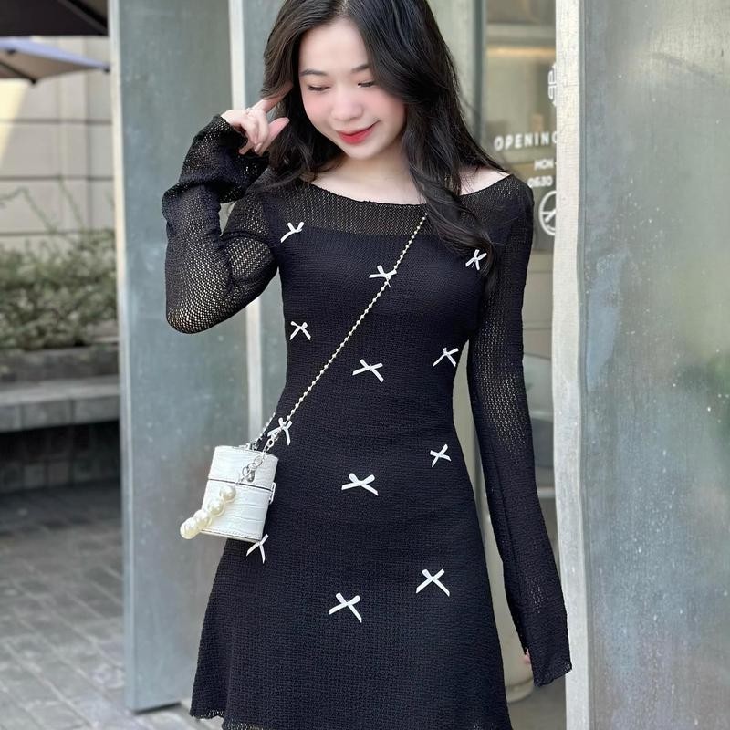 Đầm ren tay loe đính nơ LDD381 Nữ
