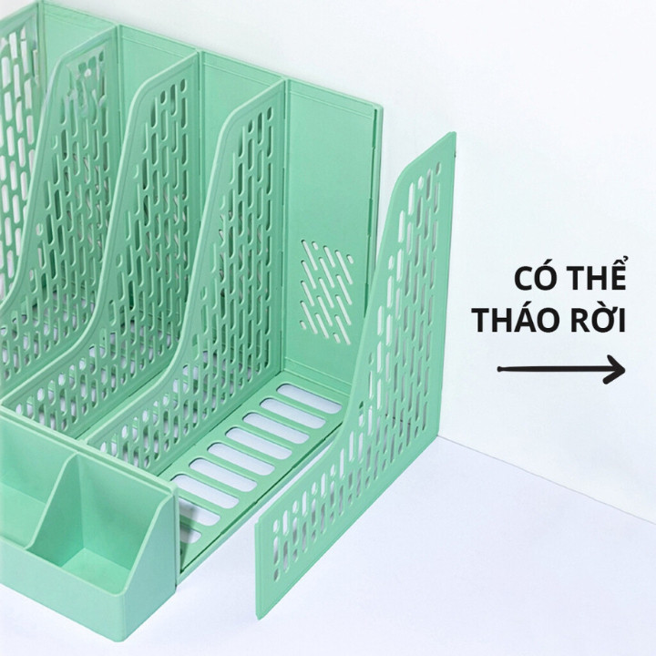 Kệ Đựng Tài Liệu Văn Phòng 4 Ngăn Kèm Khay Đựng Bút, Kệ Đựng Sách Vở Để Bàn Gấp Gọn Tặng Sticker