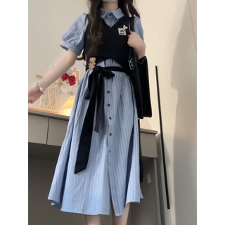 Bộ đồ / một mảnh nữ sinh viên tay phồng sọc cổ POLO cổ áo sơ mi ngắn tay + Áo Vest phong cách Preppy 8.26