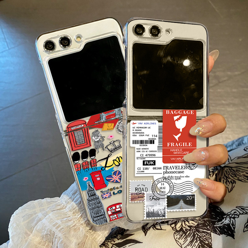 Retro Nhãn Họa Tiết Trong Suốt Vỏ Điện Thoại Cho Samsung Galaxy Z Flip 6 Flip 5 Flip 4 Flip 3 5G Cứng PC Gấp Dành Cho Samsung Z Flip 6 5 4 3