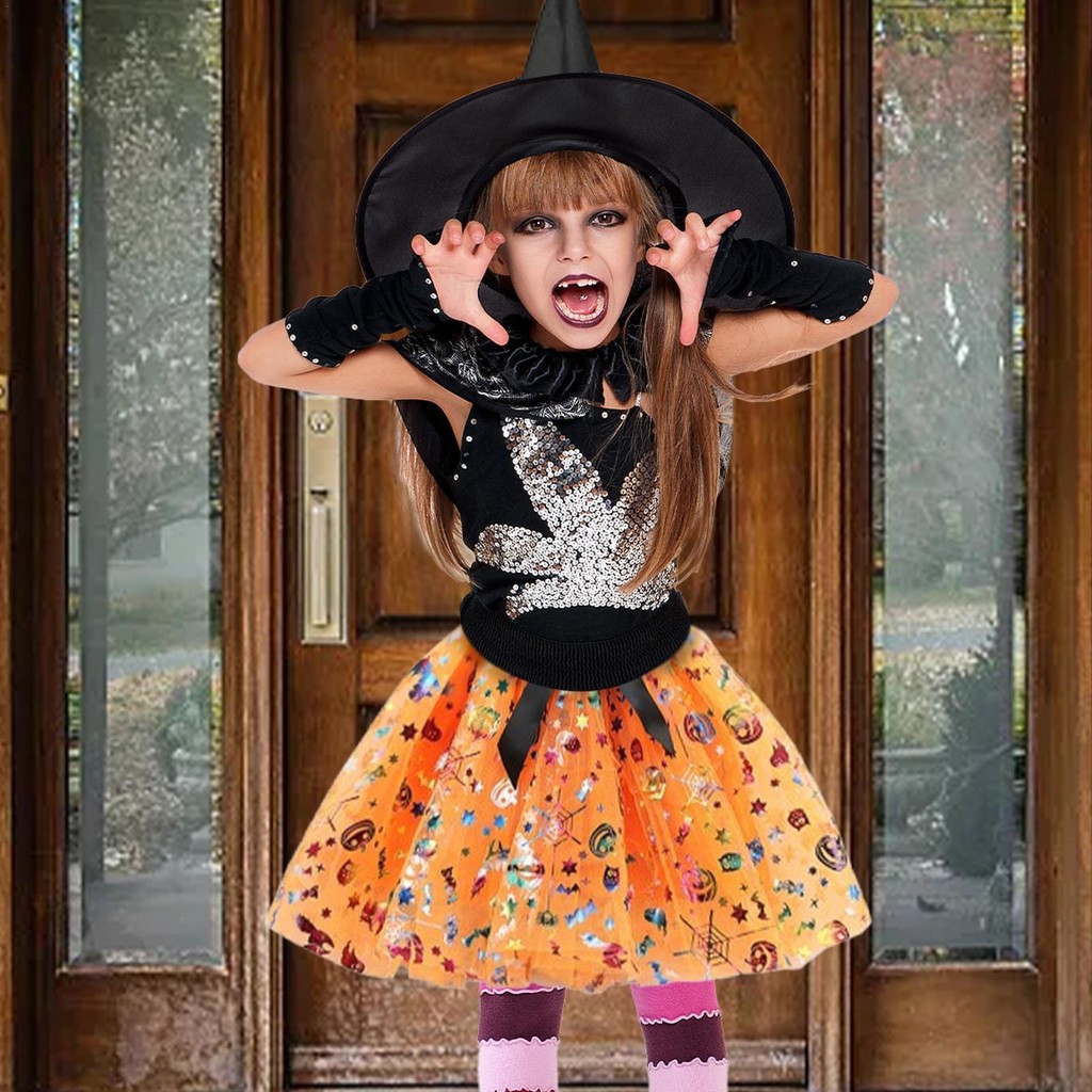 Halloween in lưới bí ngô váy tutu mũ phù thủy chổi váy lông tơ bộ ba mảnh váy ngắn bé gái Châu Âu và Mỹ jiwvn