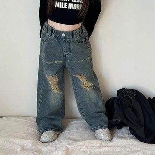 S311-[tomnaukid] Set áo dài tay phối quần jean suông ống rộng rách cho bé gái size từ 8-30Kg