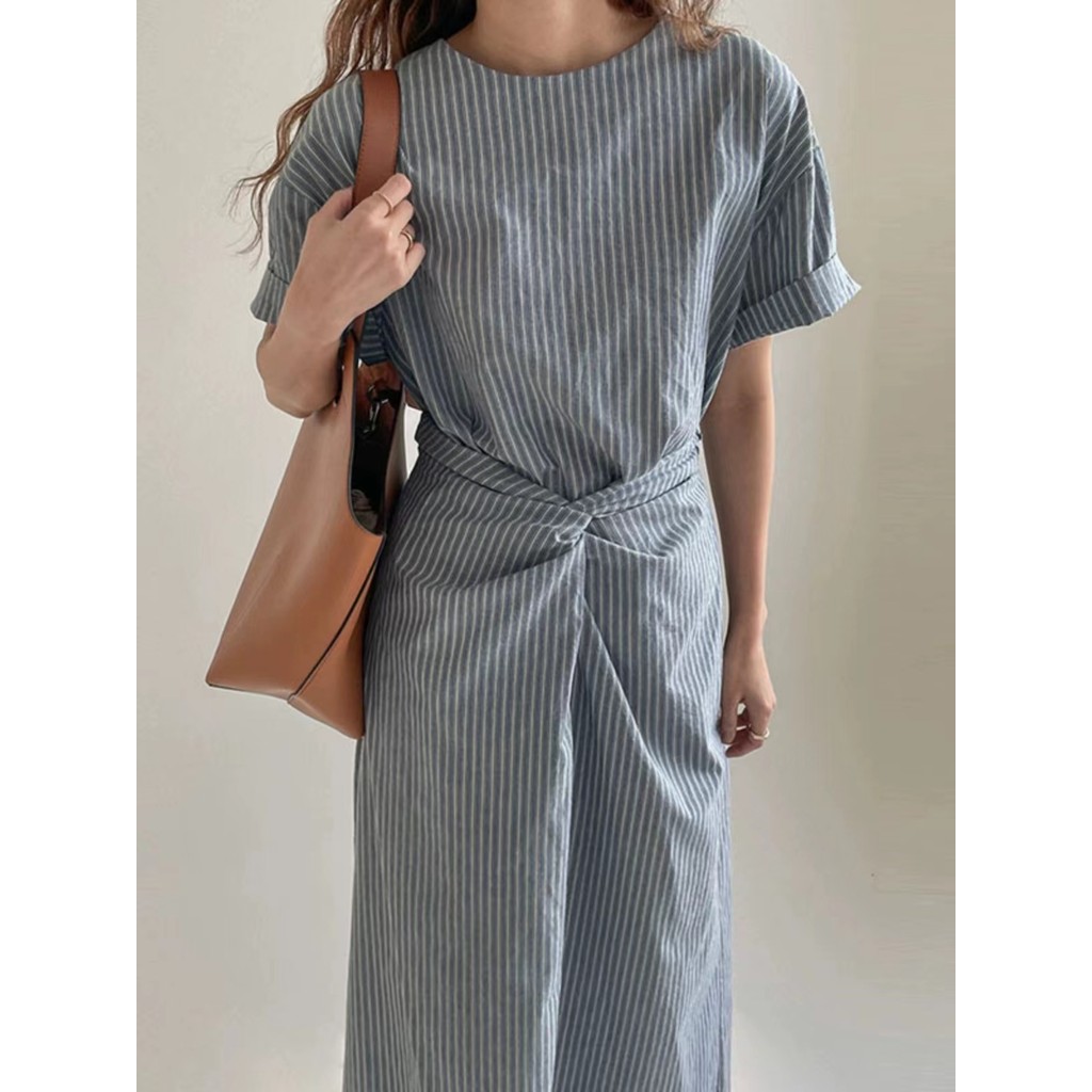 Suxi Hàn Quốc Retro Sọc Thắt Lưng Dài Tay Nữ Midi Đầm 240926