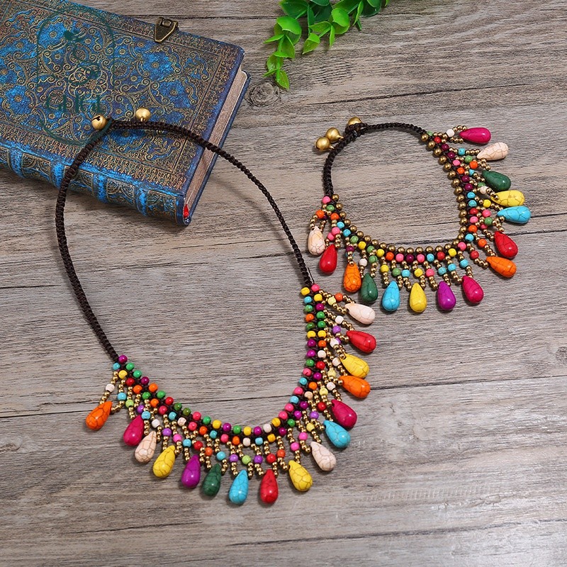 Ghgl❤️Bohemian Phong Cách Dân Tộc Vòng Cổ Nữ Xương Đòn Dây Xích Xanh Đỏ Xanh Ngọc Tua Rua Cổ Ngắn Vòng Chân Bộ Kỳ Nghỉ
