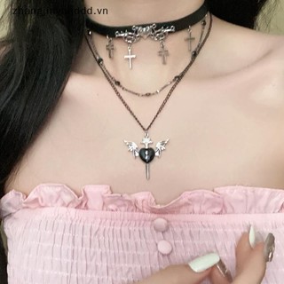 Vòng cổ chữ thậppunk vintage hai lớp với hạt đính đá, phụ kiện thời trang gothic