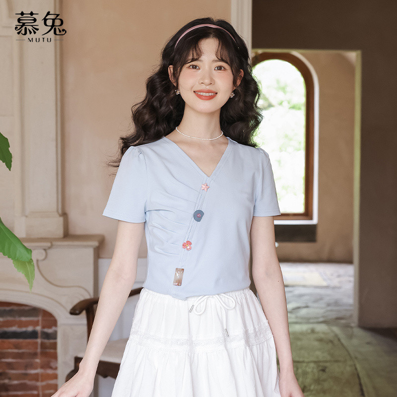 Mutu Áo Thun Nữ Phong Cách Hàn Quốc Xếp Ly Cổ Chữ V, Slim-Fit, Thích Hợp Mùa Hè