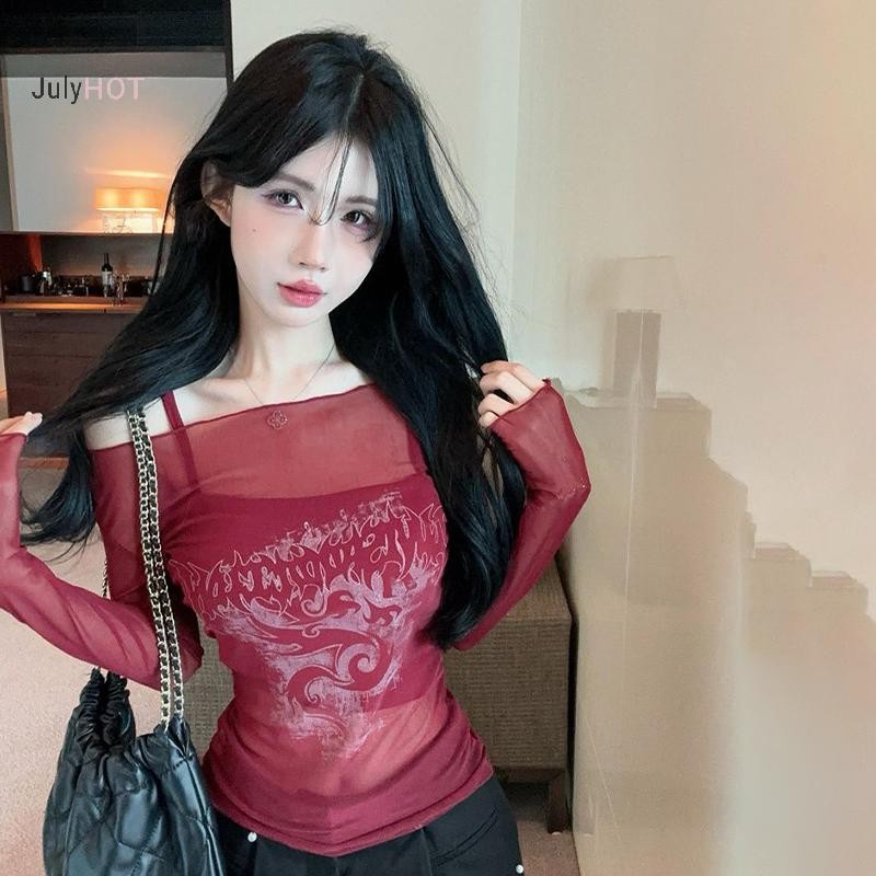 Áo thun nữ lưới mỏng ngoài vai retro gothic, tay dài gợi cảm, phù hợp mùa hè
