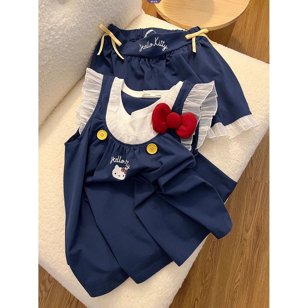 Pure Desire Wind Dễ Thương HelloKitty Nhỏ Tay Bay Bộ Đồ Ngủ Nữ Mùa Hè Áo Vest Quần Short Homewear Suit [BL]