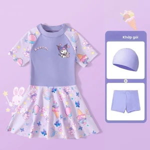 Đồ bơi liền thân bé gái Kuromi dễ thương - váy bơi hoạt hình kèm mũ và quần bảo vệ