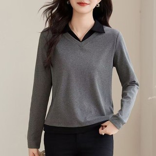 Áo thun nữ dài tay cổ Polo dáng rộng, chất liệu cotton mỏng