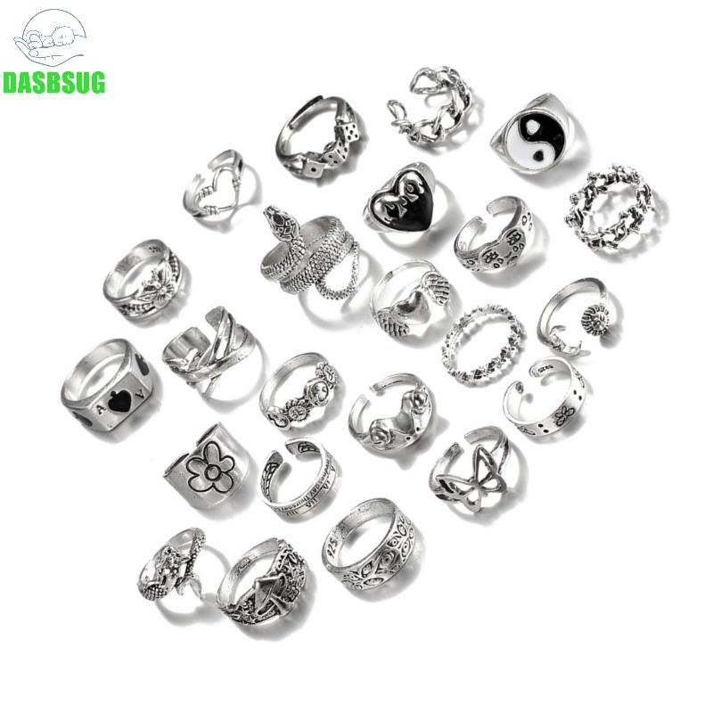 Bộ 24 chiếc nhẫn bạc tinh tế DASBSUG dành cho nam và nữ với thiết kế Y2K