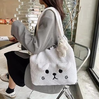 Mùa Đông 2025 Mềm Mại Sang Trọng Túi Tote Nữ Hoạt Hình Thêu Giả Lông Cừu Túi Đeo Vai Nữ Mua Sắm Túi