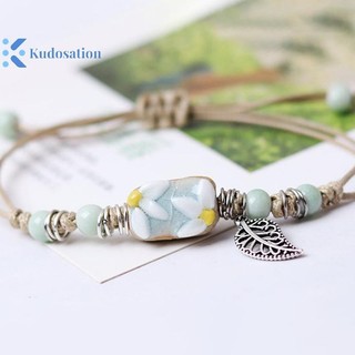 Kudosation Handmade Lá Hướng Dương Vòng Tay Gốm Boho Có Thể Điều Chỉnh Trang Sức Cho Nữ Vintage Dân Tộc Quà Tặng