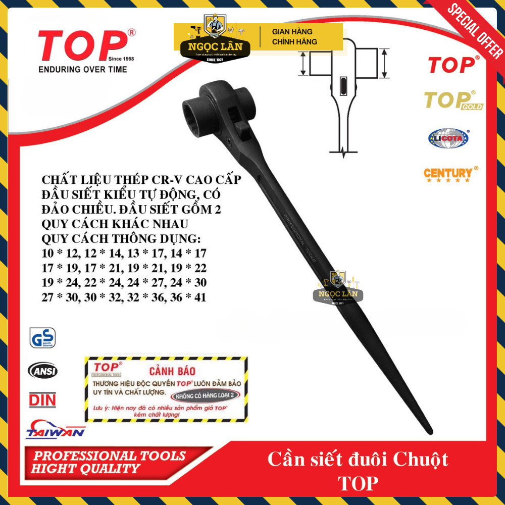 [Chính hãng TOP] Cờ lê đuôi chuột, cần siết 2 đầu TOP thép CR-V đen 10-32mm có đảo chiều cao cấp